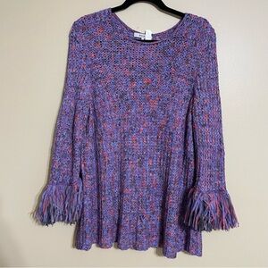 ZOZO open knit crochet multicolor sweater with fringe Pom Pom cuffs size large‎
